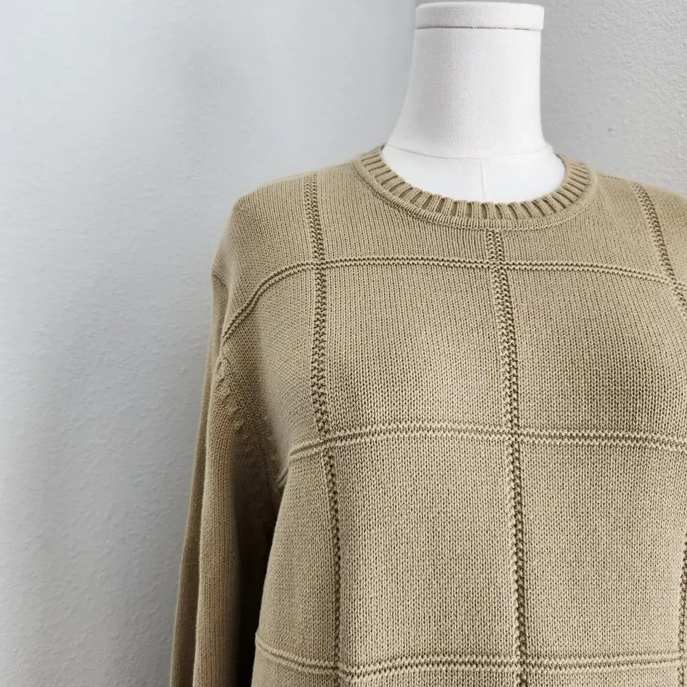 Vintage Geoffrey Beene Tan Grid Knit Crewneck Sweater Grandpacore Long Sleeve M - Picture 3 of 13